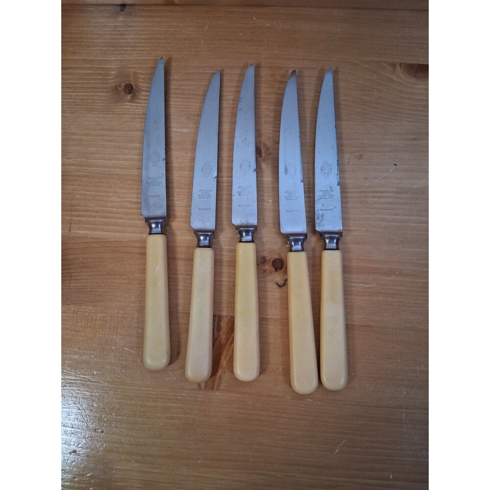 5pc Set Bakelite Pale Yellow Sheffield Steak Knives READ
